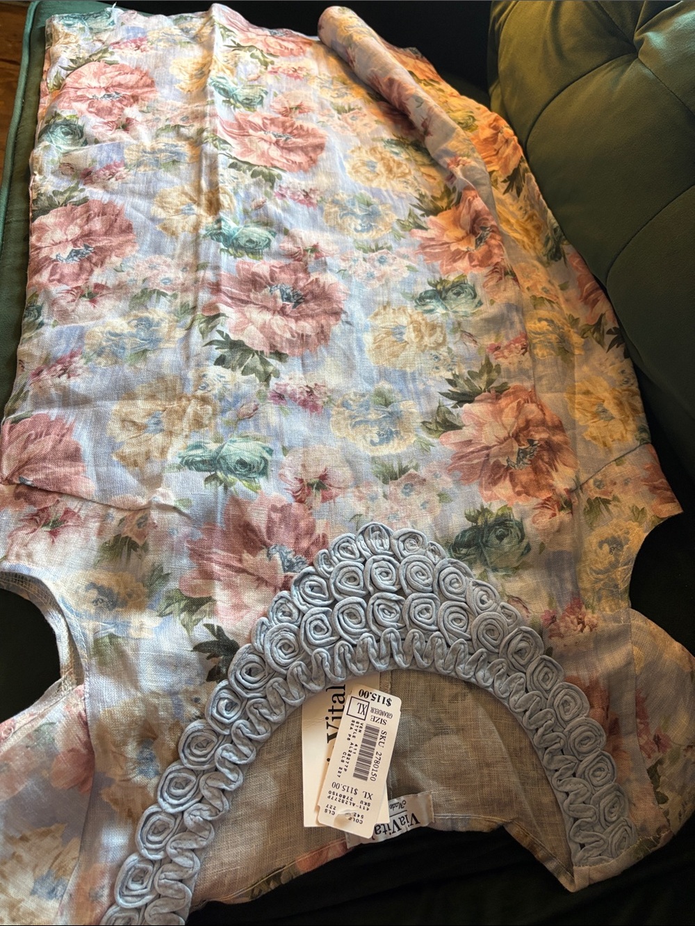 Made In Italy ~ Floral Linen Sleeveless Dress with Rosette Trim in Pastel Blue